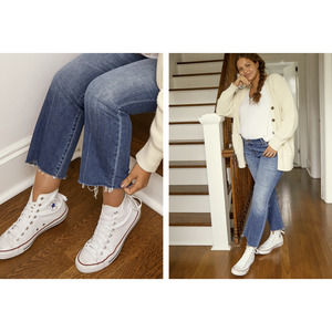 Hatch The Crop Maternity Jean in "Indigo" medium wash raw hem jeans size 25